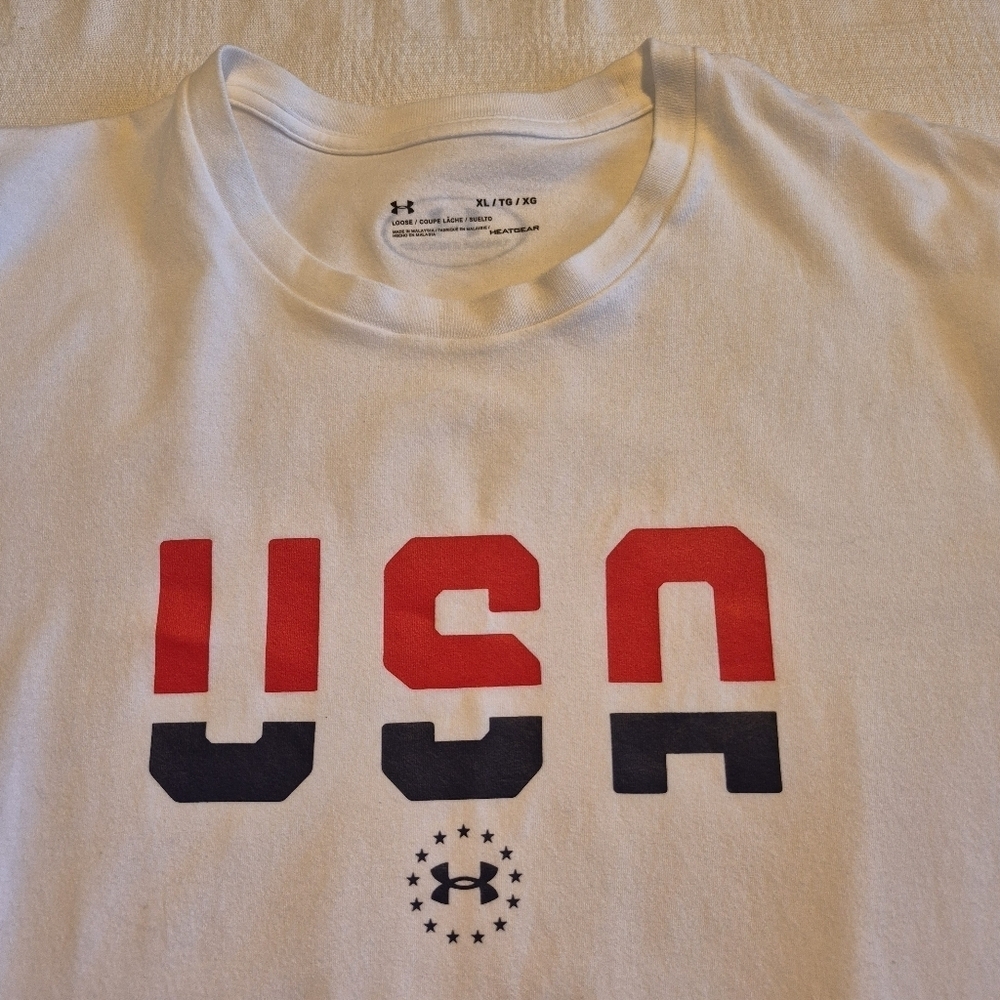 Under Armour mens's size XL loose fitting white short sleeve shirt USA logo GUC - Picture 2 of 5
